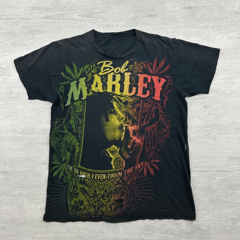 Vintage Y2K Bob Marley Shirt Size Large Black Reggae Music Jamaican AOP